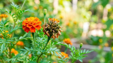 Vibrant orange marigold flower next to a dried seed head. Close up of the life cycle of a marigold plant in a garden. Botanical nature photography