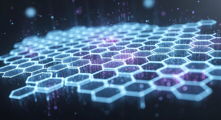 Obraz premium Futuristic holographic shield with hexagonal grid structure and glowing blue lines in a dark environment viewed from above