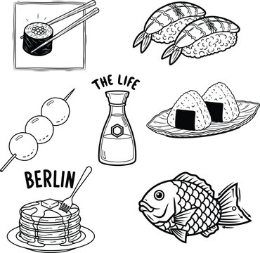 vector illustration black and white line art of Japanese food items, a berlin pancake