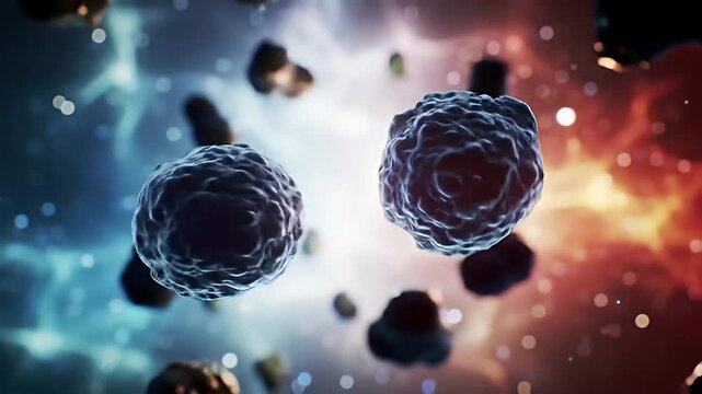 Abstract representation of cellular structures in a vibrant cosmic background, illustrating life