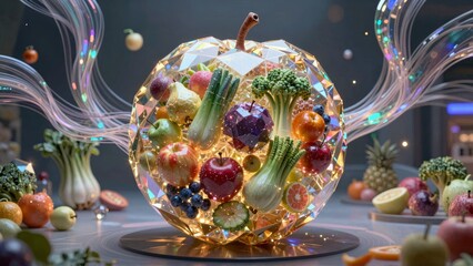Fototapeta premium Vegetable and fruit crystal sphere with light inside
