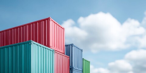 lovingly stacked shipping containers in red, blue, and green colors, with a sky background.