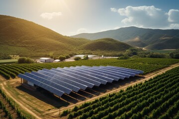 Naklejka premium Solar panels line a vineyard, symbolizing sustainable agriculture and renewable energy in a lush valley