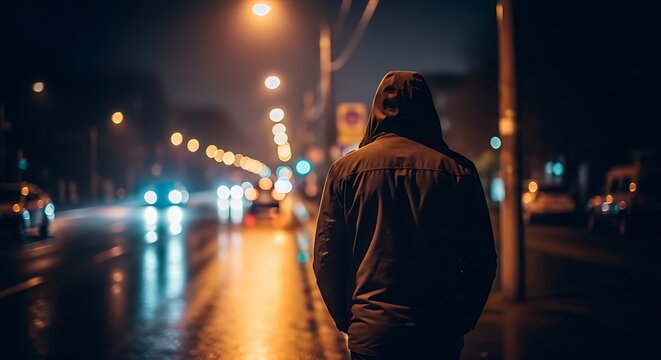 A person in a hooded jacket walks on a city street at night, with streetlights glowing