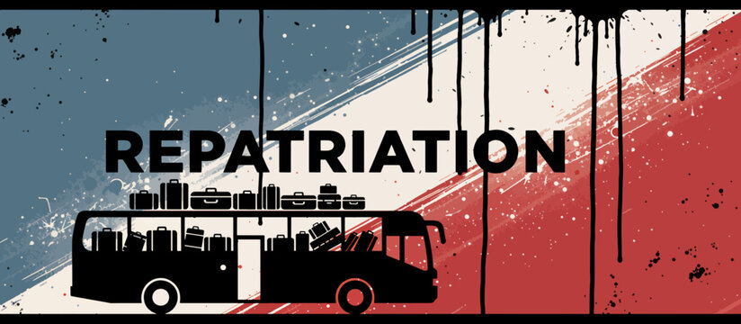 Repatriation concept with bus and luggage silhouette. Evacuation and refugee transport vector illustration. Grunge background design