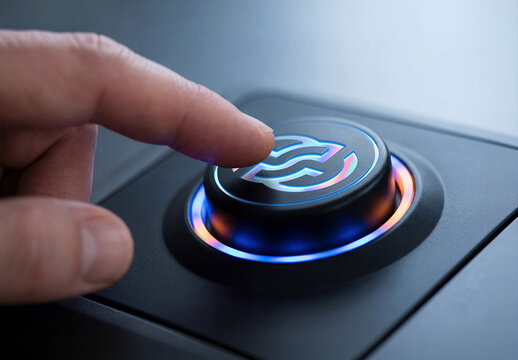 Man Finger Pushing a Glowing Blue an Orange Circular Button Logo Mockup