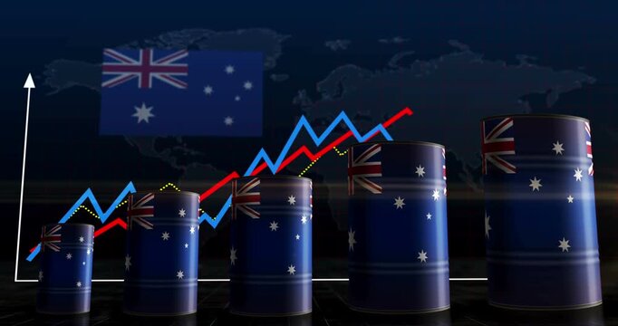 Australia oil business and fuel extraction barrels on growing chart. Australian petrol industrial metal containers with increase statistic diagram.