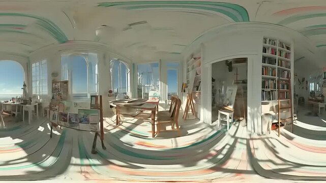 Bright and airy artist studio with large windows overlooking the ocean, filled with natural light and art supplies.