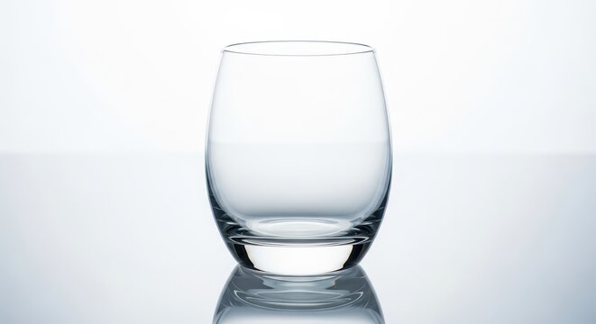 A clean, clear, empty glass tumbler isolated on a reflective white surface, emphasizing purity, fragility, and simple material science, cold, drinking, reflective