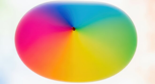 A large colorful rubber balloon is being pushed, causing slight deformation on its surface against a bright background, simple, sphere, playful