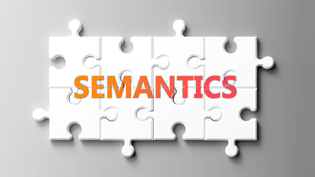 Semantics complex like a puzzle - pictured as word semantics on a puzzle pieces to show that semantics is complex and needs cooperating pieces that fit together. ,3d illustration