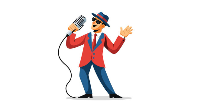 Illustration of a man singing into a microphone with a stylish pose and attire
