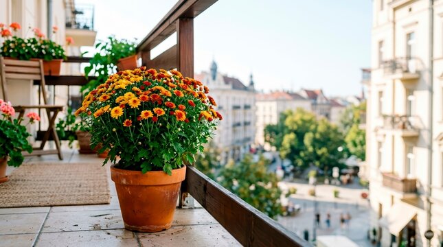 Large orange and yellow chrysanthemum plant in a terracotta pot on a balcony. Urban gardening in a city apartment with buildings in the background. Seasonal balcony decor concept