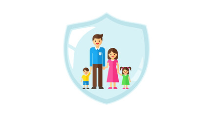 Fototapeta premium Family protection illustration featuring a shield with parents and children standing together in a safe environment viewed from the front