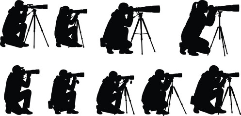 Photographer silhouettes set featuring men and women crouching with professional cameras, telephoto lenses, and tripods for wildlife, sports, and press journalism.