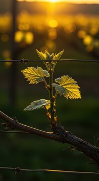 Golden light shines on delicate new green sprouts emerging from grapevines in the spring vineyard rows at dusk, signaling growth, landscape, serene, promising