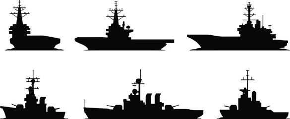 Military warship silhouettes collection with aircraft carrier destroyer and battleship naval fleet vessels isolated maritime defense ship icons © rakib's world