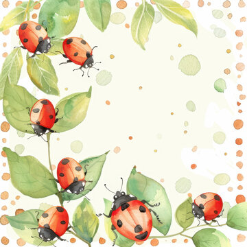 Watercolor ladybug red insect green leaf spring nature cute pattern garden background bug illustration kids design nursery art blank frame with leaves and cheerful ladybug watercolor border