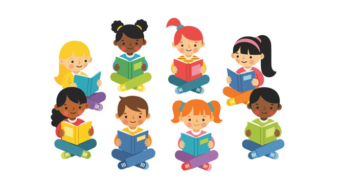 Diverse children sitting in a circle reading various books together in a playful illustration