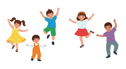 Children jumping in the air together, depicting joy and freedom in a playful scene, captured from a straightforward viewpoint in a digital illustration. © Avra