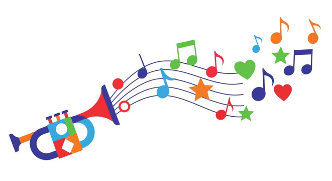 Vibrant illustration of a trumpet surrounded by colorful music notes and symbols
