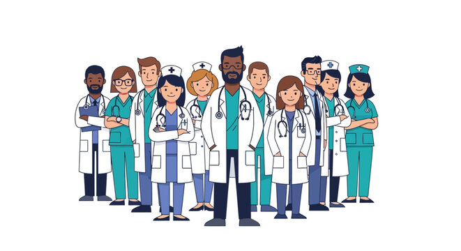 Diverse group of medical professionals standing together, wearing lab coats and scrubs, united in their mission