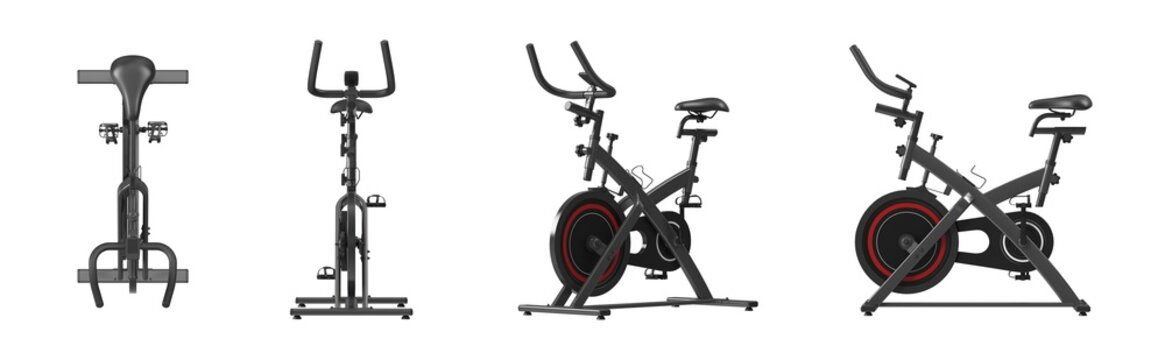 Indoor Cycling Spin Bike Black Red Multi-Angle 3D Render Isolated on White Background
