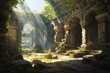 Naklejka premium Stone arches and columns of old ruins overgrown with lush green jungle plants and sunbeams