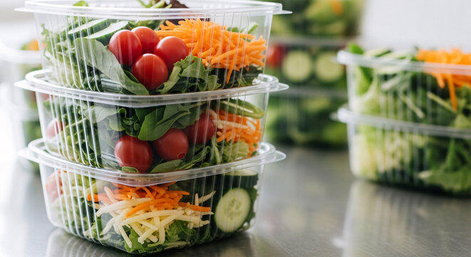 Fresh Pre-Packaged Vegetable Salad Bowls in Clear Plastic Containers for Healthy Meal Options and Convenient Fresh Food Delivery Service