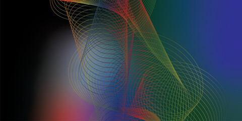 Fototapeta premium Glowing navy blue, red, green and black flowing light ribbons twisting through a dark cosmic backdrop with tiny sparkling particles, futuristic technology concept, vector illustration