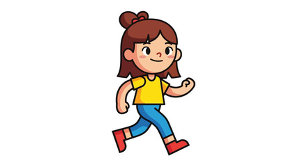 A young girl in a yellow shirt and blue pants running joyfully with red shoes in a dynamic illustration