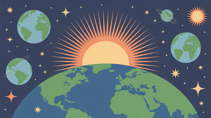 Naklejka premium Earth and celestial bodies in space with sun shining brightly surrounded by stars and planets in a vibrant cosmic scene