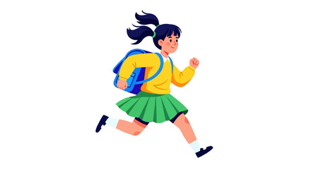 Naklejka premium Young girl with ponytail running with backpack, viewed from side, energetic motion, cartoon illustration