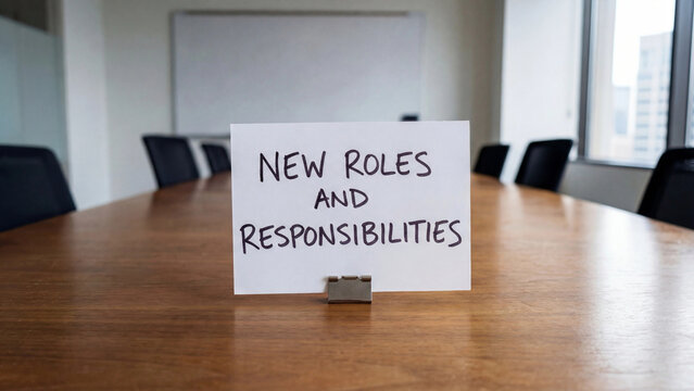 Corporate organizational restructuring concept showing new roles and responsibilities assignment in boardroom setting for team leadership succession planning and workforce accountability management