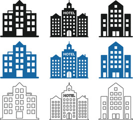 Collection of modern apartment building and hotel illustrations