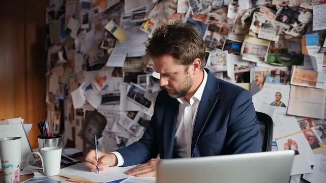 A man sits at a messy desk surrounded by papers and photos. He shows signs of stress while writing notes. The room has many images on all walls.