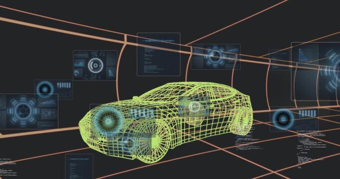 Scan starting, neon-green wireframe car getting hologram panels and pulsing scans for diagnostics