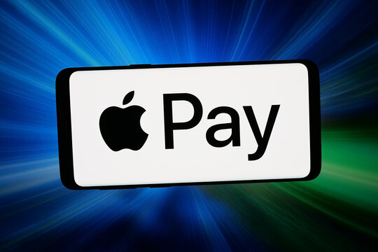 Stuttgart, Germany - 03-02-2026: In this photo illustration, the logo of mobile payment service Apple Pay is displayed on a smartphone in front of abstract background on computer screen.