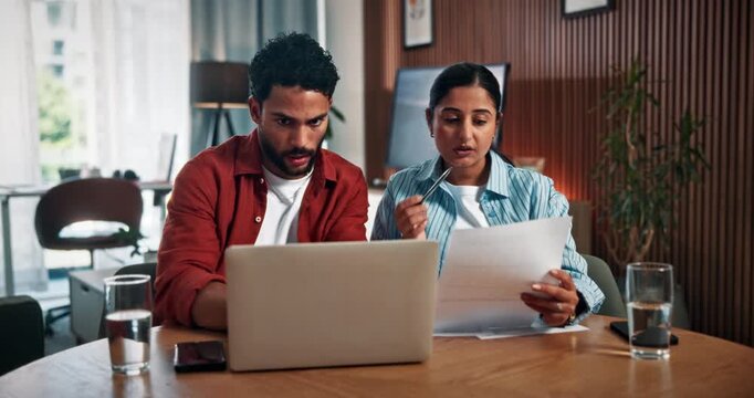 Home, documents and couple on laptop for finance review, budget planning and savings for future. Marriage, house and man with woman on computer for financial report, online payment and mortgage bills