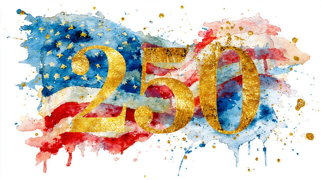 Gold 250 number over red white and blue watercolor with stars celebrating the 250th anniversary of America.