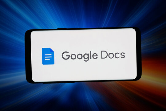 Stuttgart, Germany - 03-02-2026: In this photo illustration, the logo of word processing software Google Docs is displayed on a smartphone in front of abstract background on computer screen.