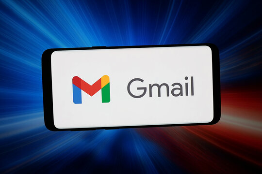 Stuttgart, Germany - 03-02-2026: In this photo illustration, the logo of e-mail client software Google Gmail is displayed on a smartphone in front of abstract background on computer screen.