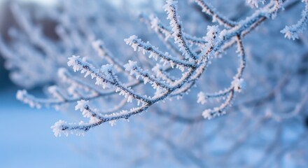 Obraz premium Delicate frozen ice crystals cling tightly to bare tree branches creating stunning natural hoarfrost texture on a frigid winter morning, woods, outdoor, sparkle