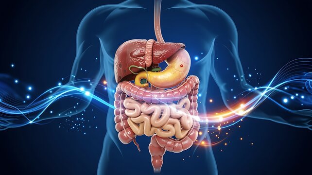 Human digestive system anatomy with liver stomach intestines and gallbladder highlighted with glowing energy waves and light particles on dark background