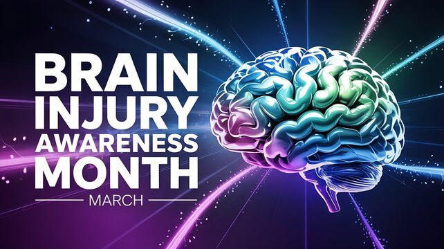 Brain injury awareness month march stylized brain and colorful lights symbolizing neurological trauma and recovery abstract concept