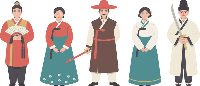 Traditional Korean hanbok vector collection with people wearing various colorful ethnic clothing and holding cultural accessories