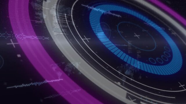 White ring appearing starting HUD rotating, magenta arc sweeping and code scrolling to show data