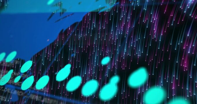 Neon rain falling and dots showing, blue map sliding, numbers showing, camera panning, showing data