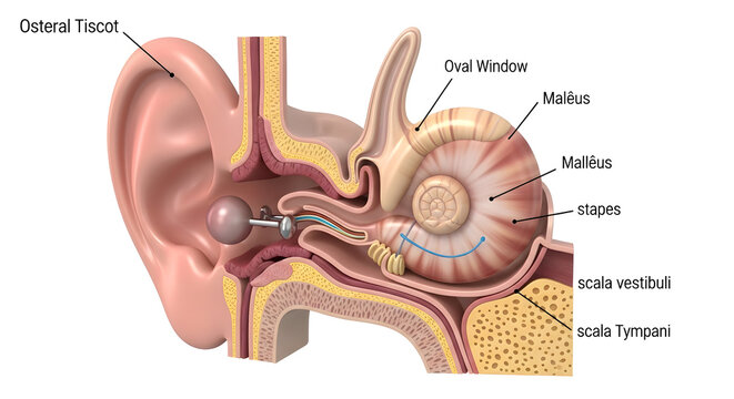 Detailed cross-section of human ear showing outer ear inner ear oval window malleus stapes and scala vestibuli