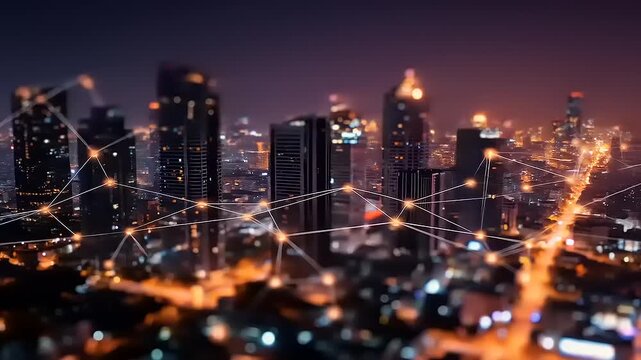 Cityscape at night with network connections.